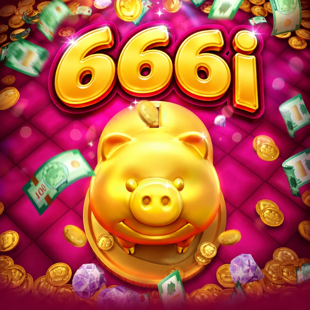 Celengan babi emas Lucky Piggy dikelilingi koin dan uang kertas di platform 666i