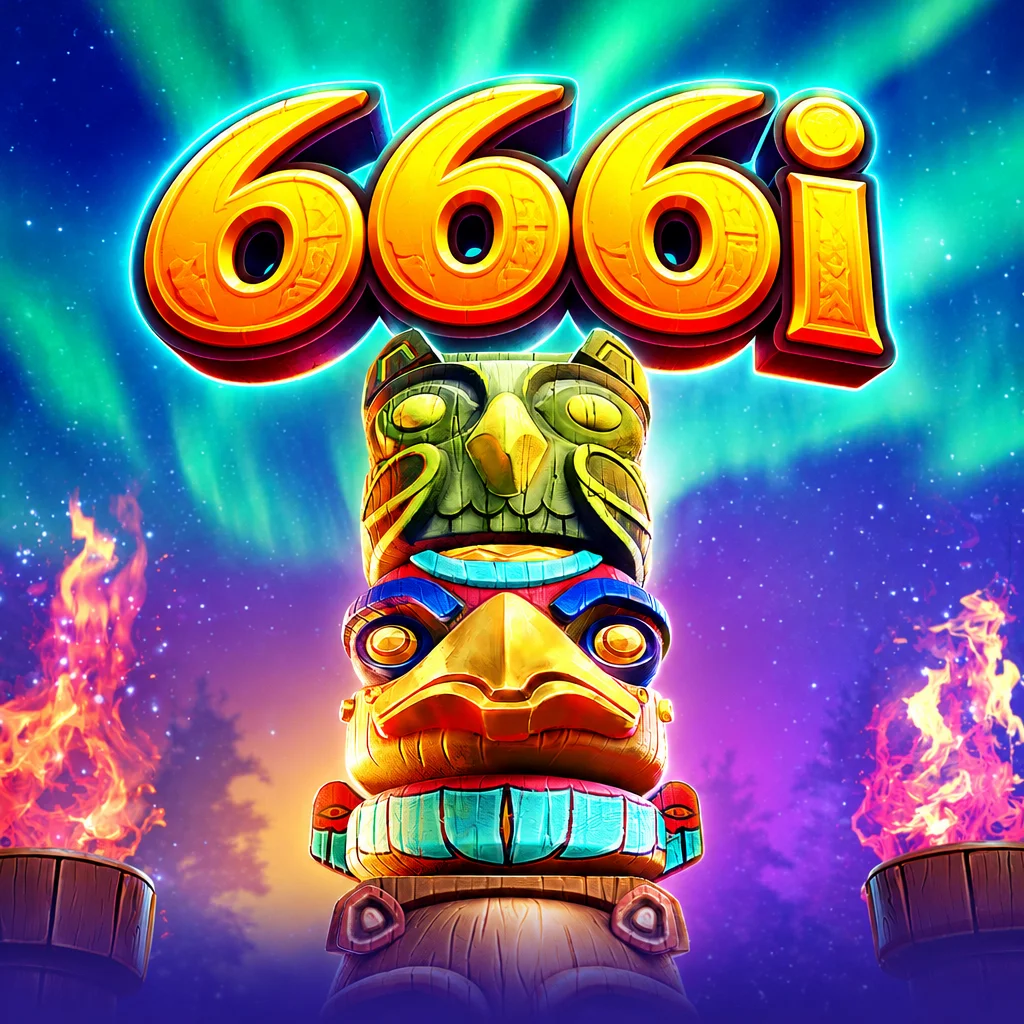 Tiang totem kayu berukir Totem Wonders dengan latar aurora menyala di 666i
